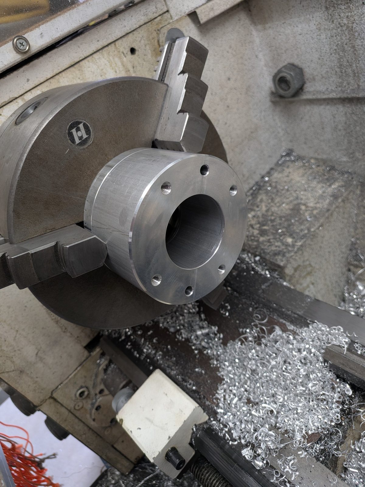 A hub flange on the lathe